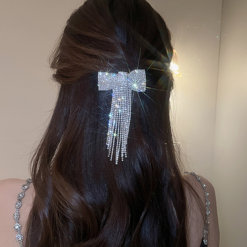 Rhinestone Bow Fringe Hairpin  - đánh giá và giá Tie Clip Silver