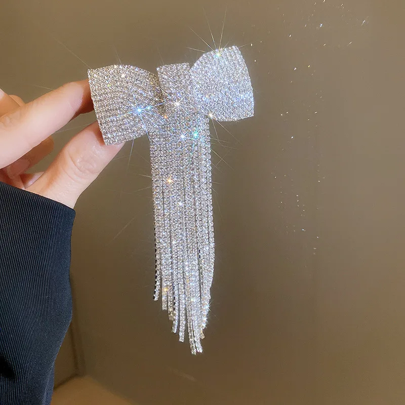 Rhinestone Bow Fringe Hairpin  - đánh giá và giá Tie Clip Silver