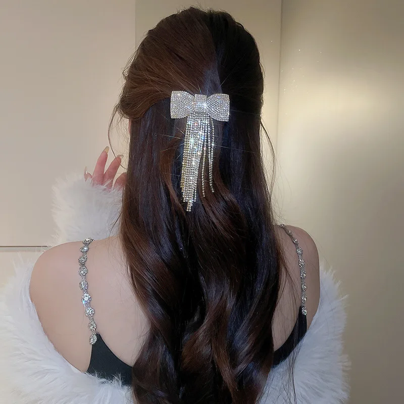 Rhinestone Bow Fringe Hairpin  - đánh giá và giá Tie Clip Silver